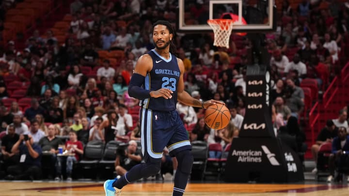 Oct 15, 2023; Miami, Florida, USA; Memphis Grizzlies guard Derrick Rose (23) dribbles the ball against the Miami Heat during the second half at Kaseya Center. Mandatory Credit: Jasen Vinlove-Imagn Images