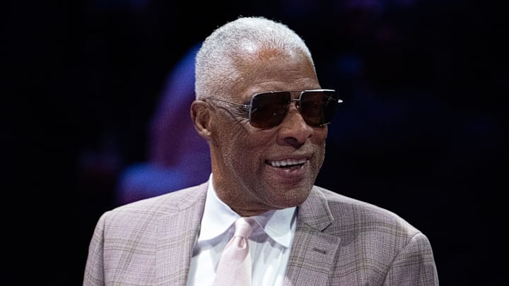 December 9, 2023; Las Vegas, Nevada, USA; NBA former player Julius Erving before the in-season tournament championship at T-Mobile Arena. Mandatory Credit: Kyle Terada-Imagn Images