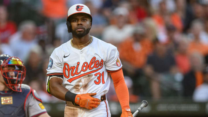 Jun 12, 2024; Baltimore, Maryland, USA; Baltimore Orioles outfielder Cedric Mullins (31) looks on during the seventh inning against the Atlanta Braves at Oriole Park at Camden Yards. 