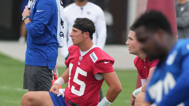 East Rutherford, NJ -- July 24, 2024 -- Quarterback Tommy DeVito during the first day of training camp for the 2024 New York Giants.