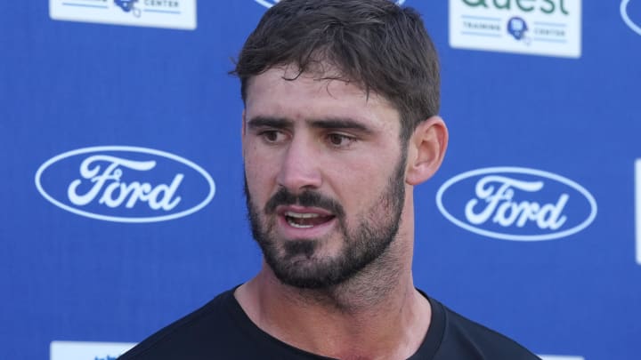 Florham Park, NJ -- August 21, 2024 -- Giants quarterback Daniel Jones during the post-practice press conference. The New York Giants came to the Atlantic Health Jets Training Center in Florham Park, New Jersey to participate in a joint practice with the New York Jets.