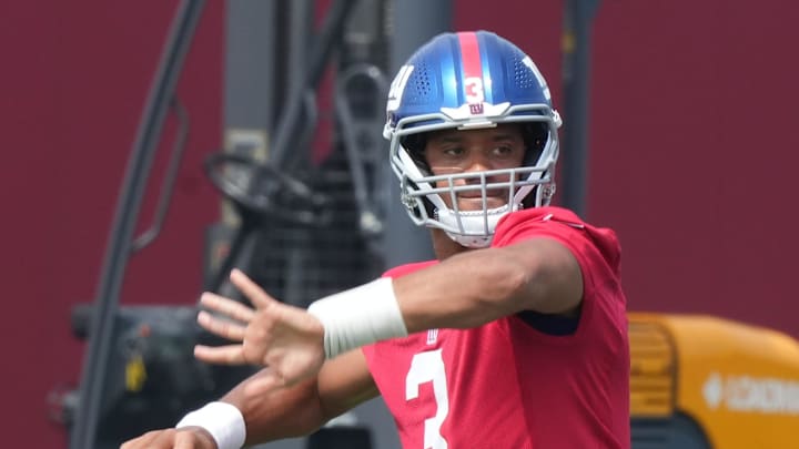 East Rutherford, NJ -- June 5, 2025 -- Quarterback, Russell Wilson as the New York Giants players participate in their 2025 OTAÕs at the Quest Diagnostic Giants Training Center in East Rutherford. East Rutherford, NJ -- June 5, 2025 -- Quarterback, Russell Wilson as the New York Giants players participate in their 2025 OTAÕs at the Quest Diagnostic Giants Training Center in East Rutherford.