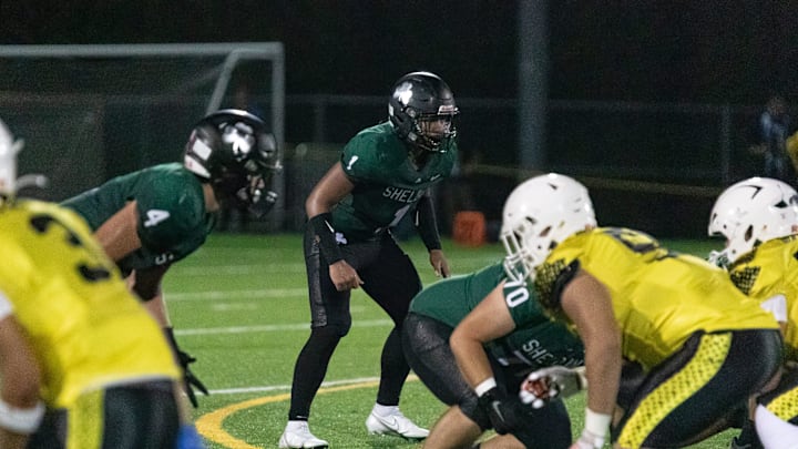 Sheldon linebacker Teimana Tuioti gets set before a defensive down against the Mililani Trojans of Hawaii in a 37-3 loss at home Sept. 1, 2023.