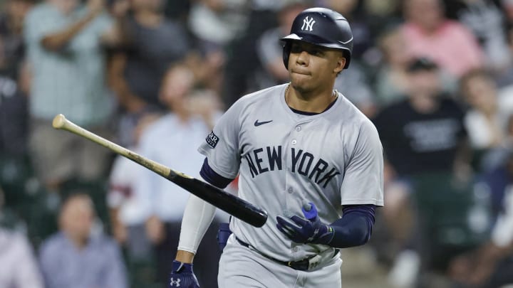 Aug 13, 2024; Chicago, Illinois, USA; New York Yankees outfielder Juan Soto (22) rounds the bases after hitting a solo home run against the Chicago White Sox during the seventh inning at Guaranteed Rate Field