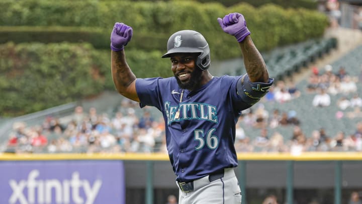 Seattle Mariners outfielder Randy Arozarena (56) celebrates after hitting a single against the Chicago White Sox during the second inning at Guaranteed Rate Field on July 28.