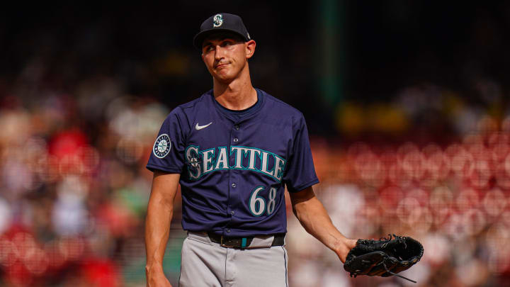 Seattle Mariners starting pitcher George Kirby (68) reacts after a pitch against the Boston Red Sox in the first inning at Fenway Park on July 31.