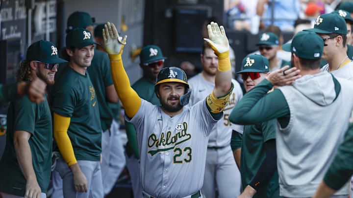 Oakland Athletics catcher Shea Langeliers (23) celebrates with teammates after hitting a solo home run against the Chicago White Sox during the ninth inning at Guaranteed Rate Field on Sept 15.