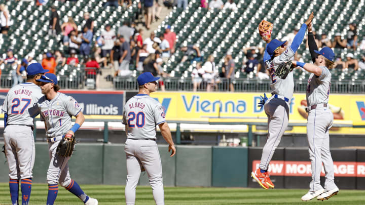 Sep 1, 2024; Chicago, Illinois, USA; New York Mets players celebrates after defeating the Chicago White Sox  in a baseball game at Guaranteed Rate Field. Mandatory Credit: Kamil Krzaczynski-USA TODAY Sports