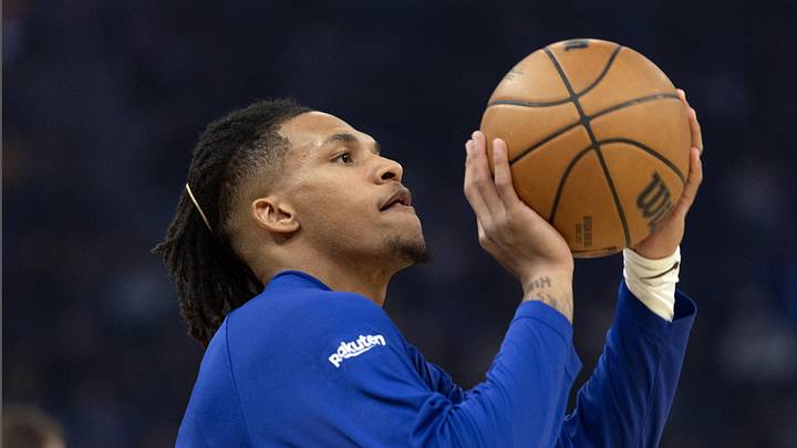 Oct 17, 2025; San Francisco, California, USA; Golden State Warriors guard Will Richard warms up before facing the Los Angeles Clippers at Chase Center. Mandatory Credit: D. Ross Cameron-Imagn Images