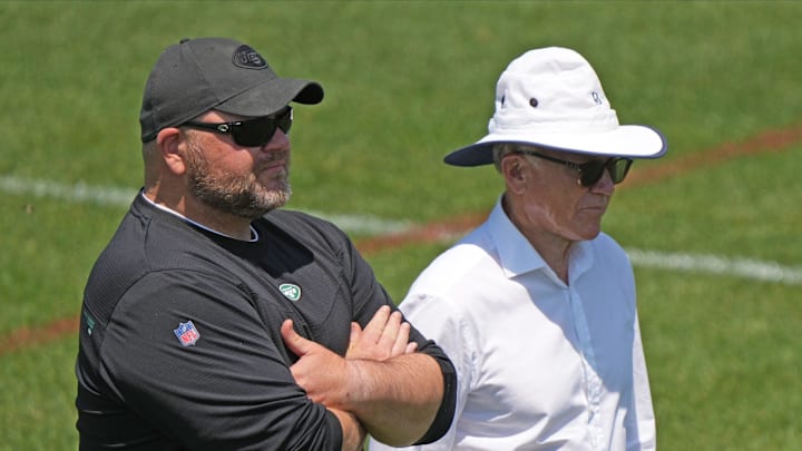 Florham Park, NJ May 31, 2023 -- General manager Joe Douglas and owner Woody Johnson during the Jets OTA.