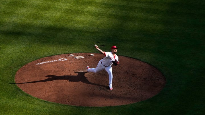 Cincinnati Reds starting pitcher Frankie Montas (47) pitches against the Washington Nationals on Opening Day Thursday, March 28, 2024 at Great American Ball Park.