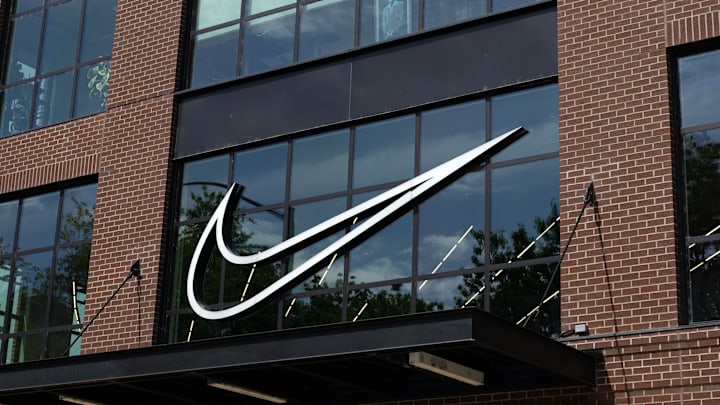 May 24, 2024; Eugene, Oregon, USA; A Nike swoosh logo at Nike by Eugene. May 24, 2024; Eugene, Oregon, USA; A Nike swoosh logo at Nike by Eugene.