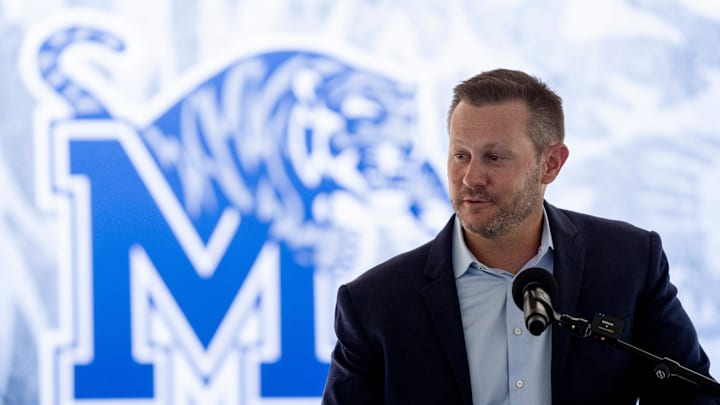 Memphis football head coach Ryan Silverfield speaks during the Simmons Bank Liberty Stadium Groundbreaking Ceremony in Memphis, Tenn., on Thursday, August 22, 2024.