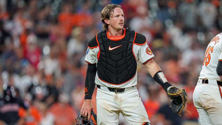 Jun 26, 2024; Baltimore, Maryland, USA; Baltimore Orioles catcher Adley Rutschman (35) looks on during the seventh inning against the Cleveland Guardians at Oriole Park at Camden Yards. Mandatory Credit: Reggie Hildred-USA TODAY Sports