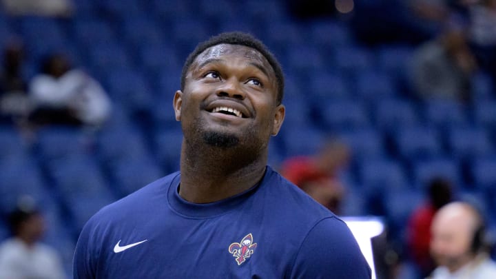 Oct 10, 2023; New Orleans, Louisiana, USA; New Orleans Pelicans forward Zion Williamson (1) smiles before a game against the Orlando Magic at the Smoothie King Center. Mandatory Credit: Matthew Hinton-USA TODAY Sports