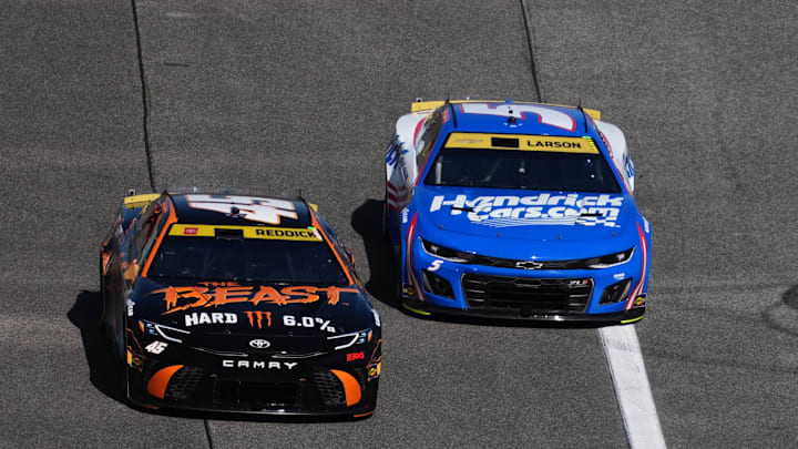 Tyler Reddick (No. 45) is locked into the Championship 4 field with a win at Homestead-Miami Speedway on Sunday, while Kyle Larson (No. 5) is the first driver outside the cutline with one race left in the Round of 8 of the Playoffs. Tyler Reddick (No. 45) is locked into the Championship 4 field with a win at Homestead-Miami Speedway on Sunday, while Kyle Larson (No. 5) is the first driver outside the cutline with one race left in the Round of 8 of the Playoffs.