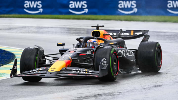Jun 9, 2024; Montreal, Quebec, CAN; Red Bull Racing driver Max Verstappen (NED) races during the Canadian Grand Prix at Circuit Gilles Villeneuve.