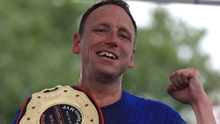 Competitive eater Joey “Jaws” Chestnut ate 57 hot dogs in five minutes at Fort Bliss’ “Pop Goes the Fort” Fourth of July celebration, beating his four competitors together at 49 hot dogs July 4, 2024.