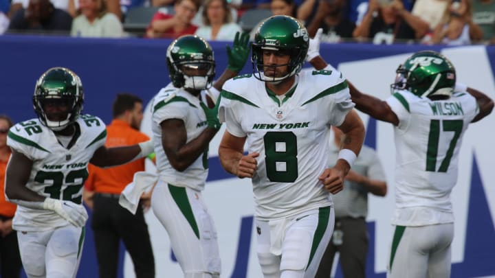 East Rutherford, NJ August 26, 2023 -- Jets quarterback Aaron Rodgers after his TD pass to Garrett Wilson of the Jets in the first half. The NY Jets against the NY Giants on August 26, 2023 at MetLife Stadium in East Rutherford, NJ, as the rivals play their final preseason game before the start of the NFL season.