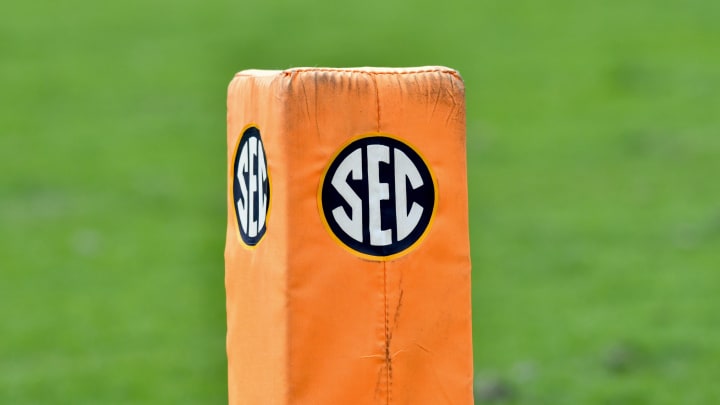 Oct 14, 2017; Knoxville, TN, USA; General view of the SEC logo during the second quarter of the game between the Tennessee Volunteers and South Carolina Gamecocks at Neyland Stadium.