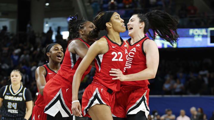 Las Vegas Aces center A'ja Wilson (22) celebrates.