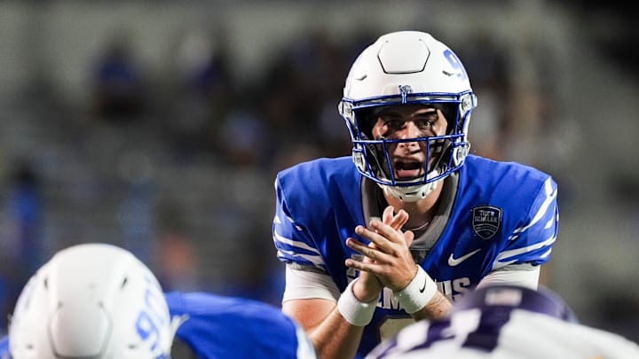 Memphis' Seth Henigan (9) prepares to hike the ball during the game between Memphis and North Alabama at Simmons Bank Liberty Stadium in Memphis, Tenn., on Saturday, August 31, 2024.