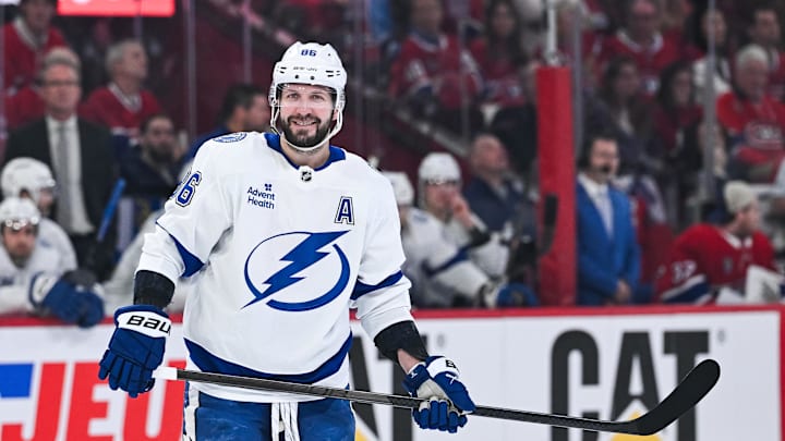 Apr 26, 2026; Montreal, Quebec, CAN; Tampa Bay Lightning right wing Nikita Kucherov (86) smirks against the Montreal Canadiens during the second period in game four of the first round of the 2026 Stanley Cup Playoffs at Bell Centre. Mandatory Credit: David Kirouac-Imagn Images