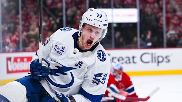 Apr 26, 2026; Montreal, Quebec, CAN; Tampa Bay Lightning center Jake Guentzel (59) reacts after scoring a goal against the Montreal Canadiens during the second period in game four of the first round of the 2026 Stanley Cup Playoffs at Bell Centre. Mandatory Credit: David Kirouac-Imagn Images