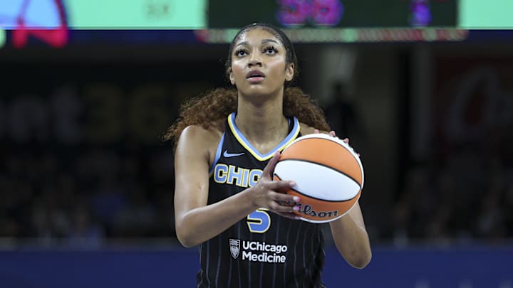 Chicago Sky forward Angel Reese shoots a free throw against the New York Liberty.