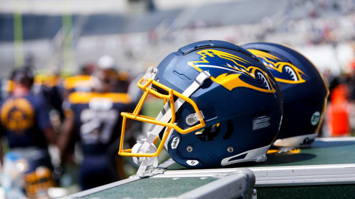 Showboats helmets sit on the sidelines during the UFL game between the San Antonio Brahmas and Memphis Showboats in Simmons Bank Liberty Stadium in Memphis, Tenn., on Saturday, April 6, 2024.