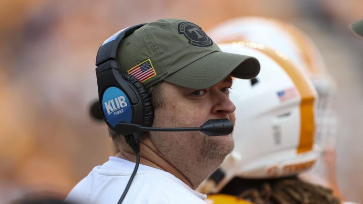 Nov 25, 2023; Knoxville, Tennessee, USA; Tennessee Volunteers head coach Josh Heupel during the first half against the Vanderbilt Commodores at Neyland Stadium. Mandatory Credit: Randy Sartin-USA TODAY Sports