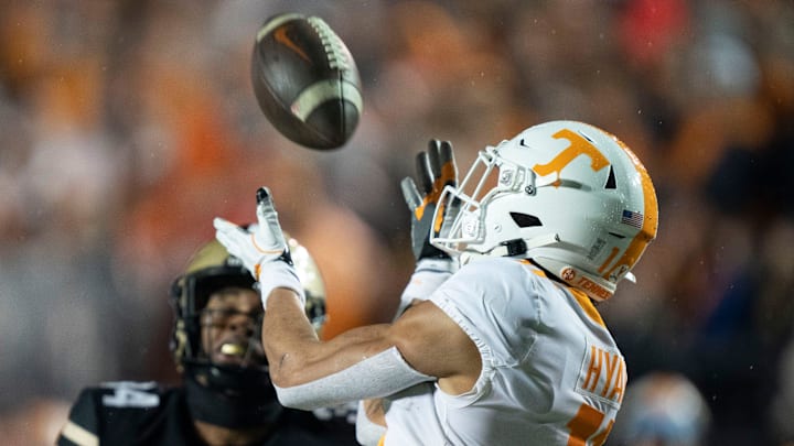 Tennessee wide receiver Jalin Hyatt (11) pulls in a first down catch Vanderbilt defensive back Ja'Dais Richard (34) during the first quarter at FirstBank Stadium Saturday, Nov. 26, 2022, in Nashville, Tenn.
Ncaa Football Tennessee Volunteers At Vanderbilt Commodores Tennessee wide receiver Jalin Hyatt (11) pulls in a first down catch Vanderbilt defensive back Ja'Dais Richard (34) during the first quarter at FirstBank Stadium Saturday, Nov. 26, 2022, in Nashville, Tenn.
Ncaa Football Tennessee Volunteers At Vanderbilt Commodores