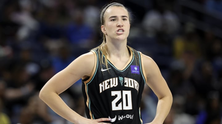 Jul 13, 2024; Chicago, Illinois, USA; New York Liberty guard Sabrina Ionescu (20) reacts during the second half of a WNBA game against the Chicago Sky at Wintrust Arena. Mandatory Credit: Kamil Krzaczynski-USA TODAY Sports