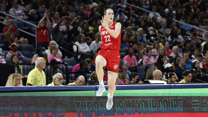 Aug 30, 2024; Chicago, Illinois, USA; Indiana Fever guard Caitlin Clark (22) celebrates after scoring against the Chicago Sky during the second half at Wintrust Arena. Mandatory Credit: Kamil Krzaczynski-USA TODAY Sports