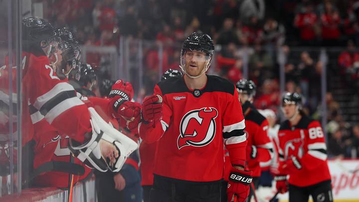 Apr 2, 2026; Newark, New Jersey, USA; New Jersey Devils defenseman Dougie Hamilton (7) celebrates his goal against the Washington Capitals during the first period at Prudential Center. Mandatory Credit: Ed Mulholland-Imagn Images