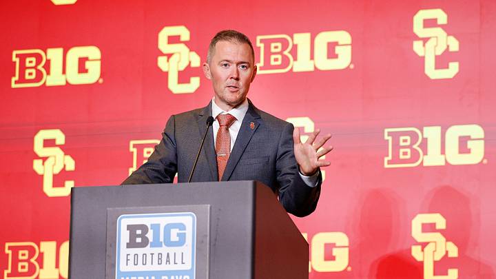 Jul 28, 2026; Chicago, IL, USA; USC Football head coach Lincoln Riley speaks during Media Days at Hilton Chicago. Mandatory Credit: Kamil Krzaczynski-Imagn Images