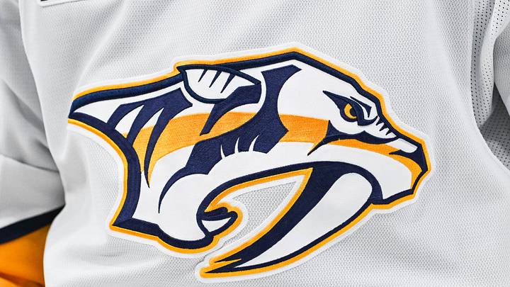 Dec 5, 2024; Montreal, Quebec, CAN; View of a Nashville Predators logo on a jersey worn by a member of the team during the second period at Bell Centre. Mandatory Credit: David Kirouac-Imagn Images