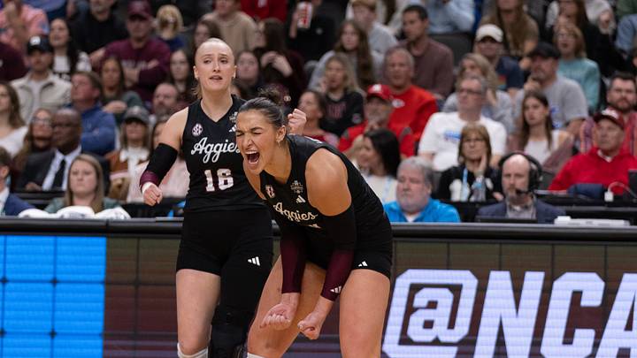 Dec 21, 2025; Kansas City, MO, USA; Texas A&M Aggies opposite hitter Logan Lednicky (9) celebrates after a point is scored in the third set against Kentucky in the 2025 NCAA Women’s Volleyball Championship at T-Mobile Center.Mandatory Credit: Kylie Graham-Imagn Images Dec 21, 2025; Kansas City, MO, USA; Texas A&M Aggies opposite hitter Logan Lednicky (9) celebrates after a point is scored in the third set against Kentucky in the 2025 NCAA Women’s Volleyball Championship at T-Mobile Center.Mandatory Credit: Kylie Graham-Imagn Images