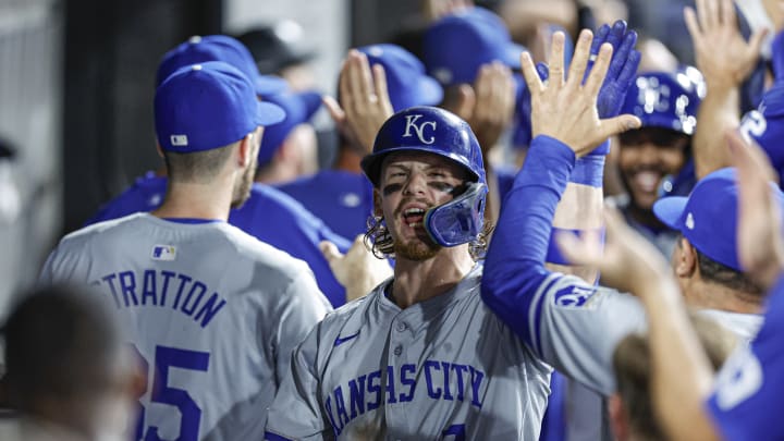 Jul 28, 2024; Chicago, Illinois, USA; Kansas City Royals shortstop Bobby Witt Jr. (7) celebrates with teammates after hitting a grand slam against the Chicago White Sox during the eight inning at Guaranteed Rate Field. Mandatory Credit: Kamil Krzaczynski-USA TODAY Sports