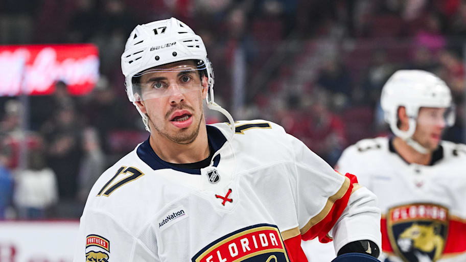 Evan Rodrigues looks on before a game against the Canadiens. | David Kirouac-Imagn Images