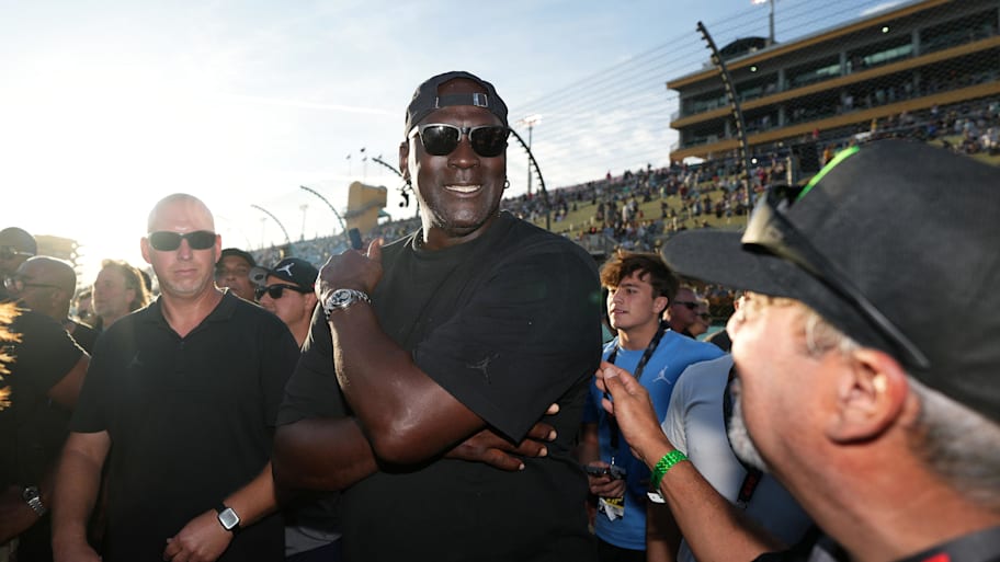 Michael Jordan celebrates after a NASCAR race. | Jasen Vinlove-Imagn Images
