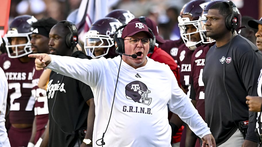 Mike Elko reacts to a play during Texas A&M vs. Auburn.