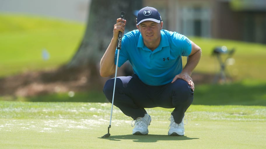 Jordan Spieth lines up his putt on the 16th hole during the first round of the 2025 FedEx St. Jude Championship.