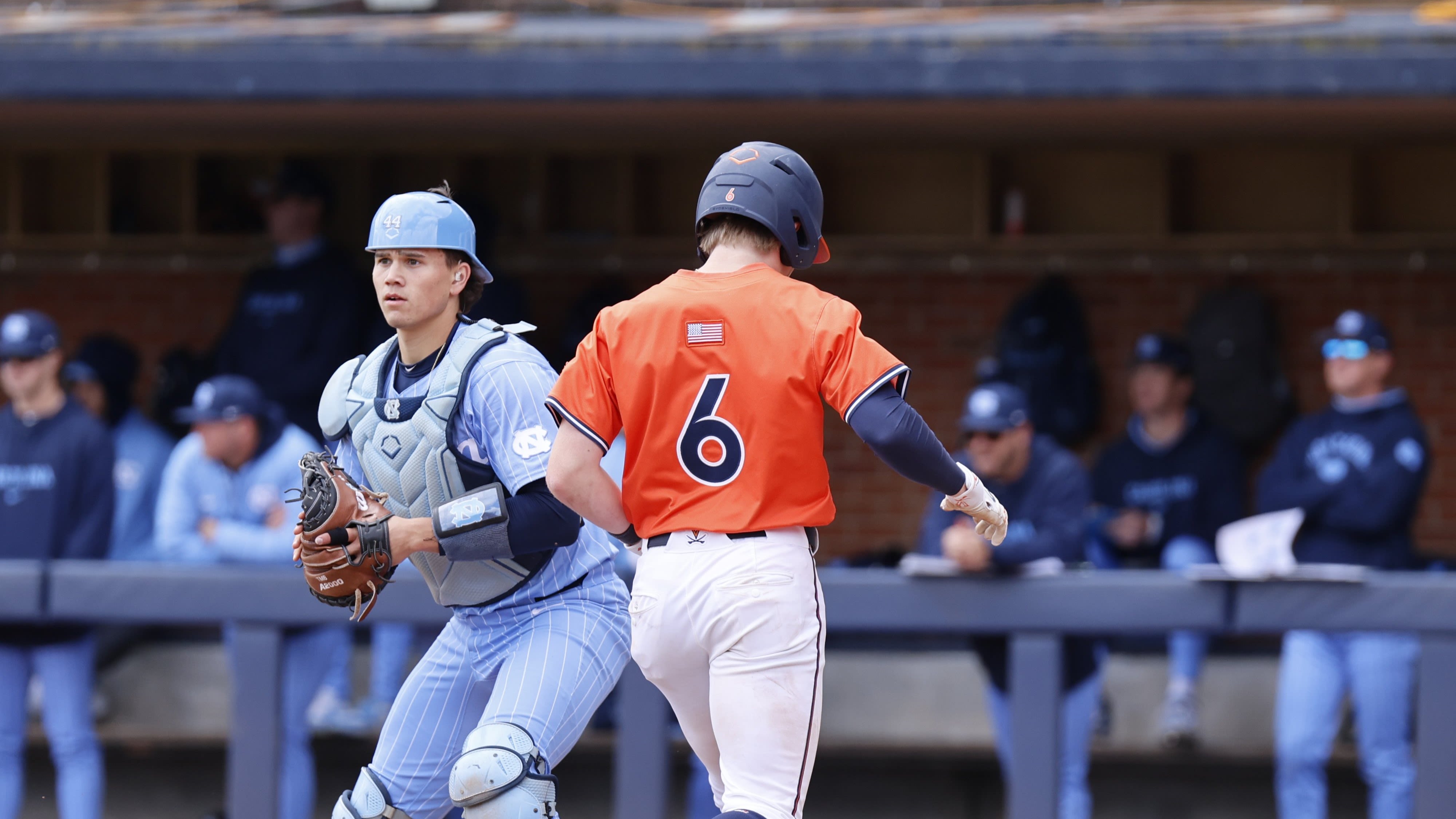 Griff O'Ferrall scores a run during the Virginia baseball game against North Carolina at Disharoon Park.