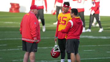 Nov 3, 2023; Frankfurt, Germany; Kansas City Chiefs coach Andy Reid (left), quarterback Patrick Mahomes (15) and wide receivers coach Connor Embree during practice at DFB Campus. Mandatory Credit: Kirby Lee-Imagn Images