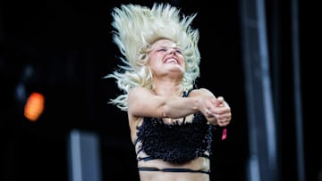Singer Amy Taylor of the band Amyl and the Sniffers performs...