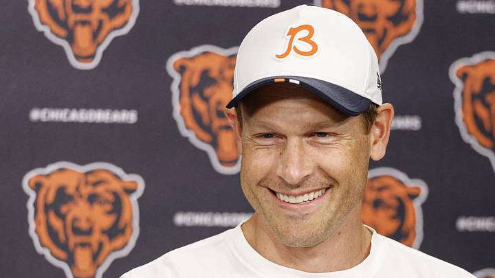 Jul 24, 2025; Lake Forest, IL, USA; Chicago Bears head coach Ben Johnson speaks during training camp at Halas Hall. Mandatory Credit: Kamil Krzaczynski-Imagn Images