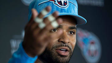 Tennessee Titans safety Jamal Adams (33) fields questions from the media on the first day of training camp at Ascension Saint Thomas Sports Park Wednesday, July 24, 2024.