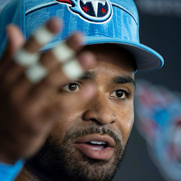 Tennessee Titans safety Jamal Adams (33) fields questions from the media on the first day of training camp at Ascension Saint Thomas Sports Park Wednesday, July 24, 2024.