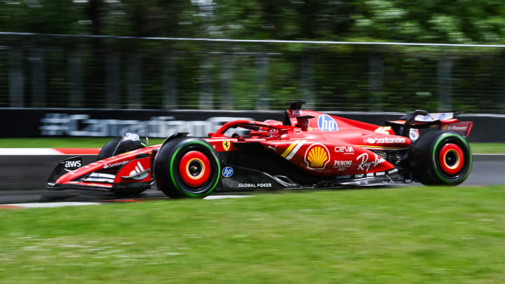 Jun 7, 2024; Montreal, Quebec, CAN; Ferrari driver Charles Leclerc (MCO) races during FP1 practice session of the Canadian Grand Prix at Circuit Gilles Villeneuve. Mandatory Credit: David Kirouac-USA TODAY Sports